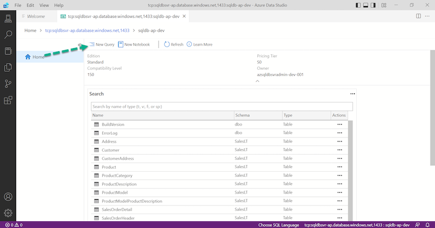 Connect to Azure SQL Database in the Azure Data Studio